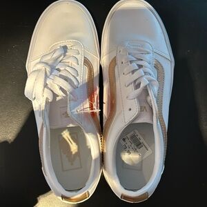 Brand New with tags! Never worn Vans sneakers size 8.5, white with Rose Gold.